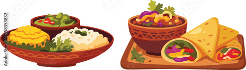 Vector Illustration Set of Mexican Cuisine Featuring Tacos Burritos Enchiladas and Chili Bowls from Above for Restaurant Menu Design