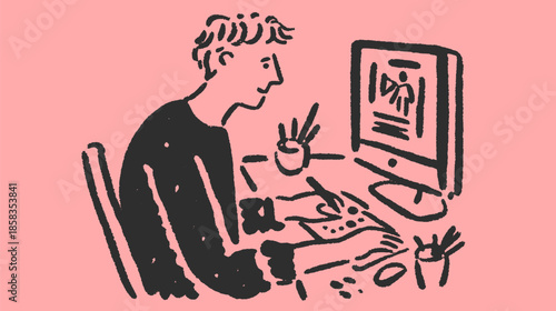 Digital illustration of an artist working in a creative workspace. This set features drawing tools and a computer in a vector style.