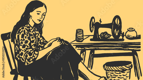 Portrait of a woman sewing at a machine. Black and white vector illustration showcasing craftsmanship in a creative workspace.