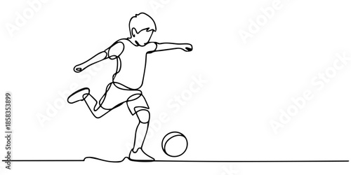 Continuous one line draw of young energetic football attacker kicking ball really hard to the goal, Boy kicking a ball in continuous line art drawing style. Elementary age boy playing football black