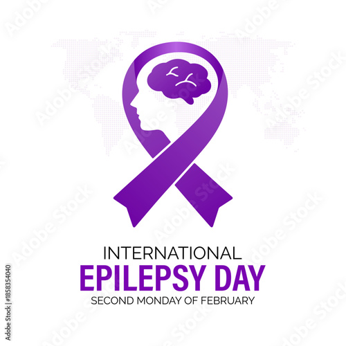 International Epilepsy Day awareness design with a purple ribbon forming a human head and brain icon on a clean white background.