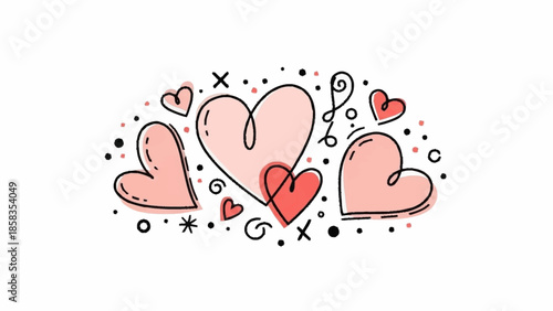 Illustration of hearts and decorative elements on a white background from a direct viewpoint