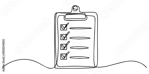 Pencil and checklist clipboard continuous one line drawing minimalism design, Clipboard with checklist icon continuous one line drawing of outline vector illustration. one line Icon drawing, Single 