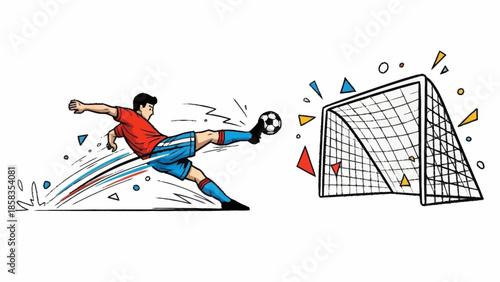 A soccer player kicking a ball towards a goal with dynamic motion and colorful confetti surrounding the net