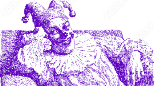 Clown illustration in vintage style. Purple line art character with expressive face and playful gesture, suitable for various uses. Vector illustration.