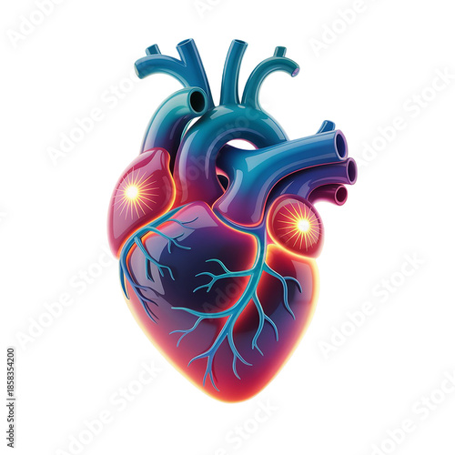 Anatomical heart with glowing arteries and veins on white background human heart anatomy