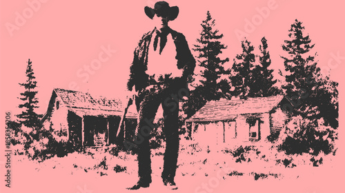 Cowboy silhouette in a vintage western landscape. Black and white vector illustration featuring trees and buildings in a scenic ranch setting.