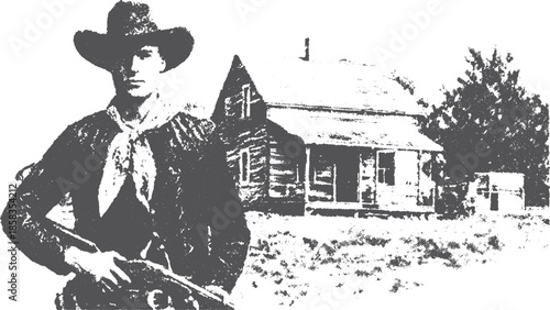 Cowboy with a gun in a vintage vector illustration. The rugged western man stands near a house, set against a classic black and white background.
