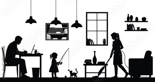 Domestic family life silhouette vector with father working at home office desk, mother cleaning floor, and daughter playing with cat.