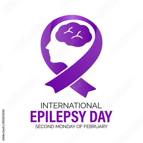 International Epilepsy Day awareness design with a purple ribbon forming a human head and brain icon on a clean white background.