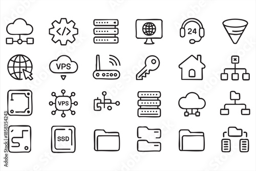 Web Hosting and Data Center Line Icons for Technology Design
