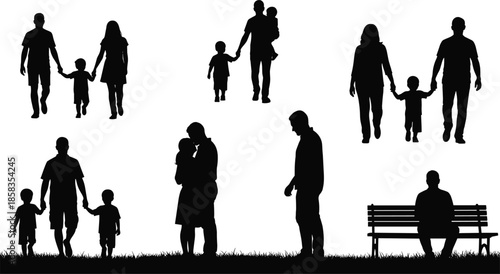 family, silhouette, children, parents, walking, park, childhood, fatherhood, motherhood, lifestyle, outdoor, people, group, vector, togetherness