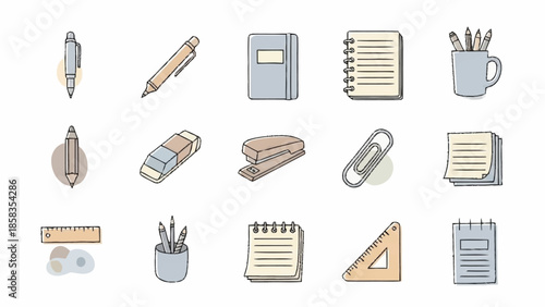 Collection of stationery items including notebooks, pens, pencils, and other office supplies arranged neatly on a clean background.
