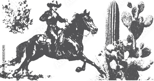 Cowboy riding a horse with cacti in a desert setting. Black and white vector illustration depicting a western scene in silhouette style.