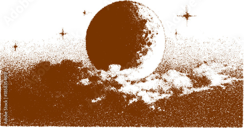 Moon in a brown sky with stars and clouds. Simple vector illustration showcasing a dreamlike space atmosphere.