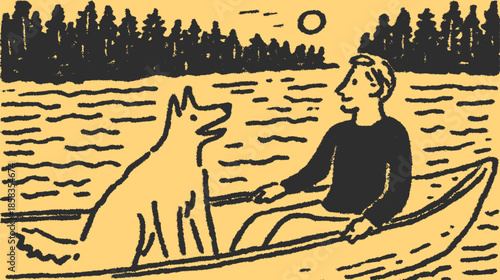 A man in a boat with a dog on a lake. Simple black sketch vector illustration against a warm sunlit background, depicting a calm outdoor scene.