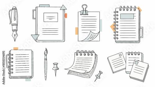 Stationery and writing utensils surrounding notebooks and documents in a creative workspace viewed from directly above