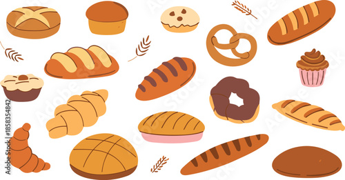 Vector Set of Bakery Products and Pastry Icons Including Croissants, Baguettes, Pretzels, Donuts, Cupcakes, and Wheat Stalks for Food Shop Design