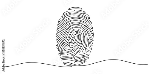 Continuous one line drawing of a fingerprint. Concept of identity, security and biometric technology, Linear drawing of a fingerprint. Continuous line drawing of biometric scan symbol on white