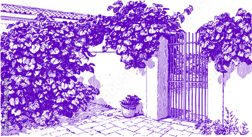 Gate surrounded by lush leaves and plants. Detailed outdoor vector illustration, showcasing garden elements and rustic architecture.