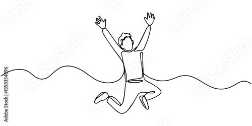 Happy jumping celebrating continuous one line drawing, Happy jumping celebrating  illustration in continuous one line drawing. Happy person jumping high giving high five in one line draw. Editable