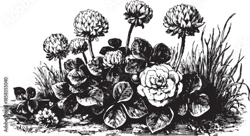 Botanical illustration of wildflowers and clover depicted in black and white. A vintage vector illustration showcasing nature's details in a set.