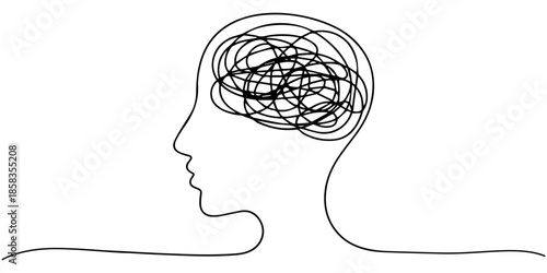 Human head with confusion of thoughts, Concept of confusion in the head. Continuous One line drawing. Problems stress illness and depression concept. Editable line. Hand drawn one line vector
