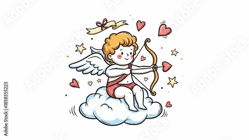 A cartoon cupid sitting on a cloud with a bow and arrow surrounded by hearts and stars