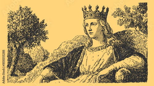 Queen illustration in vintage style. A detailed and elegant portrayal of royalty, set against a serene background, vector art.