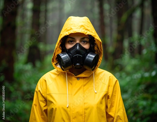 A person in a yellow hooded raincoat, wearing a black respirator mask stands in a blurry green forest. The focus is on the face
