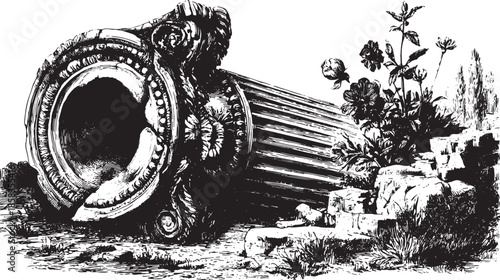 Ancient column with a broken pillar. Vintage decorative set featuring plants and flowers in a historical vector illustration.