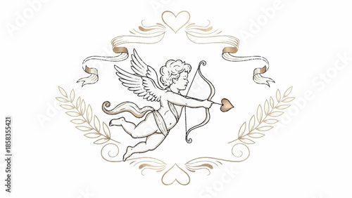 A winged cherub shoots a heart-shaped arrow amidst ornate gold filigree and ribbons in a circular frame