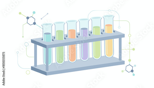 Test tube holder rack with colorful samples for laboratory research