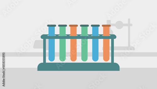 Test tube holder rack with colorful tubes in laboratory interior