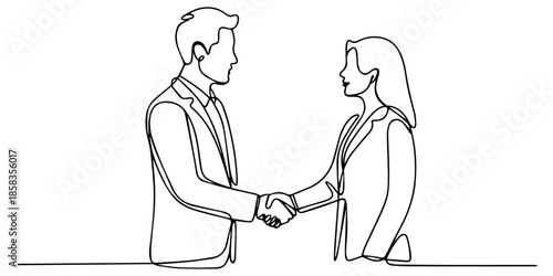 Man and woman handshaking in continuous one line art drawing. Business job career vector illustration editable stroke, Business discussion of man and woman continuous line drawing one line art design