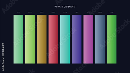 Vibrant Gradient Color Palette Swatches with HEX Codes for UI and Branding on Dark Background