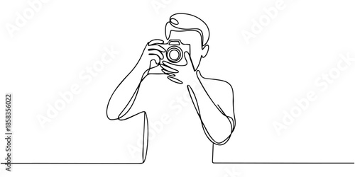 man taking picture with camera, Continuous line drawing of a man holding a camera and taking a photo. Minimalist one line art representing photography, creativity, and capturing moments, one 