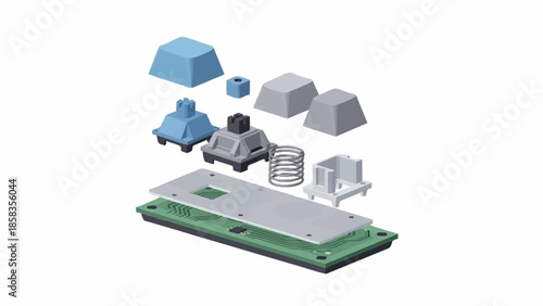 Disassembled electronic circuit board components scattered around a green motherboard viewed from above