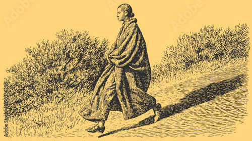 Walking person in vintage illustration. A simple black and white sketch showing outdoor fashion elements, presented in a vector format.
