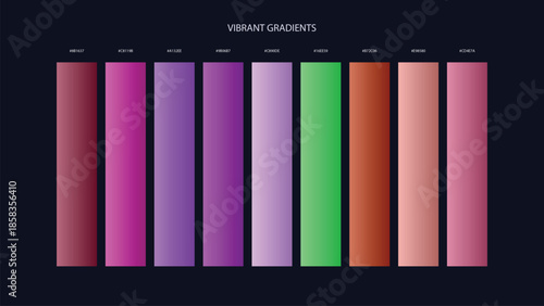 Vibrant Gradient Color Palette Swatches with HEX Codes for UI and Branding on Dark Background