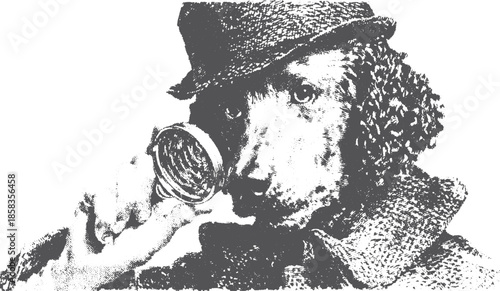 Cartoon illustration of a dog detective wearing a coat and hat with a magnifying glass. A whimsical vector artwork perfect for creative projects.