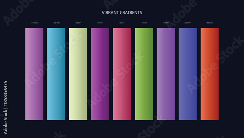 Vibrant Gradient Color Palette Swatches with HEX Codes for UI and Branding on Dark Background