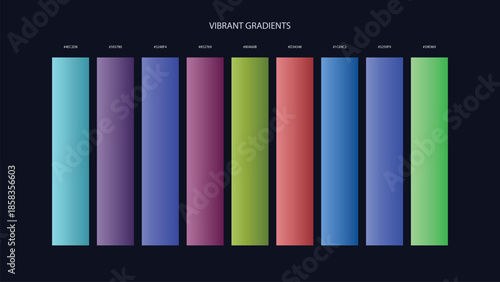 Vibrant Gradient Color Palette Swatches with HEX Codes for UI and Branding on Dark Background