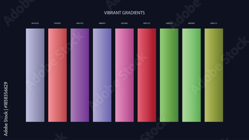 Vibrant Gradient Color Palette Swatches with HEX Codes for UI and Branding on Dark Background