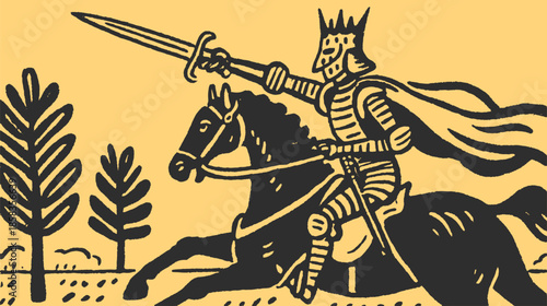 Knight riding a horse with a sword in motion. Vintage silhouette vector illustration on a yellow background.