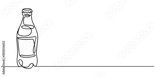 Single continuous line drawing of stylized soft drink on glass bottle logo label. Emblem drink store concept, Single continuous line drawing of stylized soft drink on glass bottle logo label. Emblem