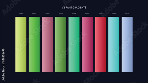 Vibrant Gradient Color Palette Swatches with HEX Codes for UI and Branding on Dark Background