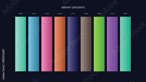 Vibrant Gradient Color Palette Swatches with HEX Codes for UI and Branding on Dark Background