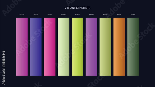 Vibrant Gradient Color Palette Swatches with HEX Codes for UI and Branding on Dark Background