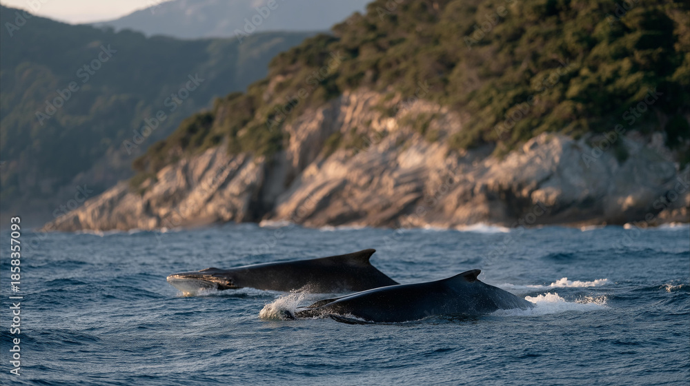 Fototapeta premium Whales surfacing near coastal waters during breeding season, capturing marine seasonal migration influenced by ocean temperature and food availability. cinematic color correction, natural uneven